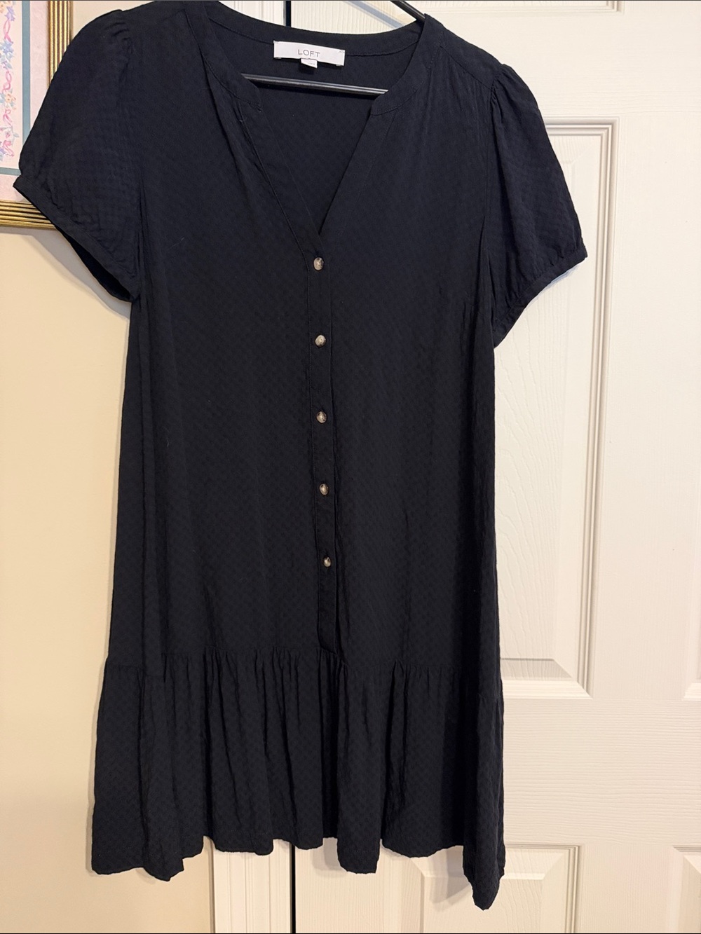 LOFT Black Short-Sleeve V-Neck Tiered Button Dress
